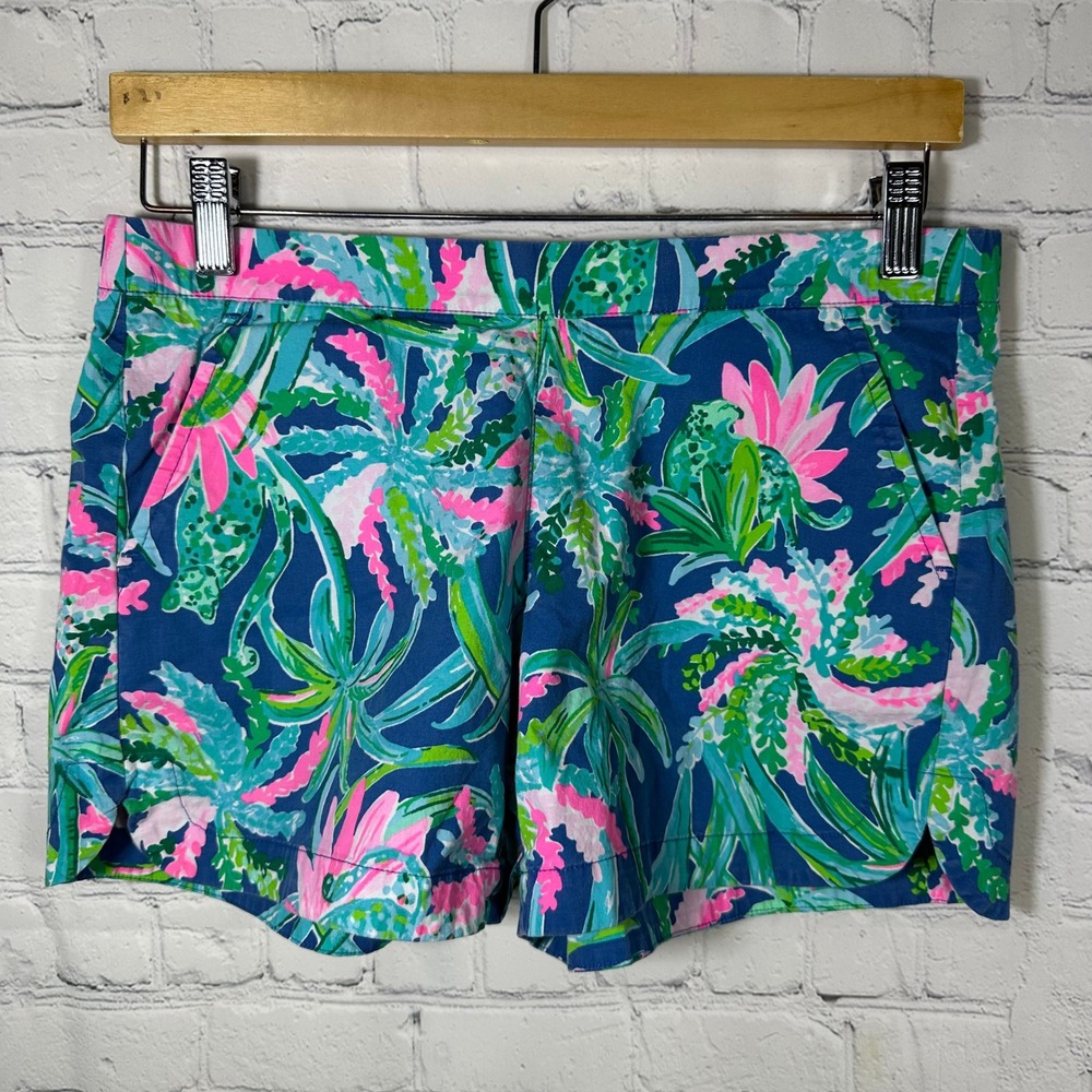 Lilly Pulitzer Callahan Shorts Womens Small Blue Pink Tropical Palm Leopard